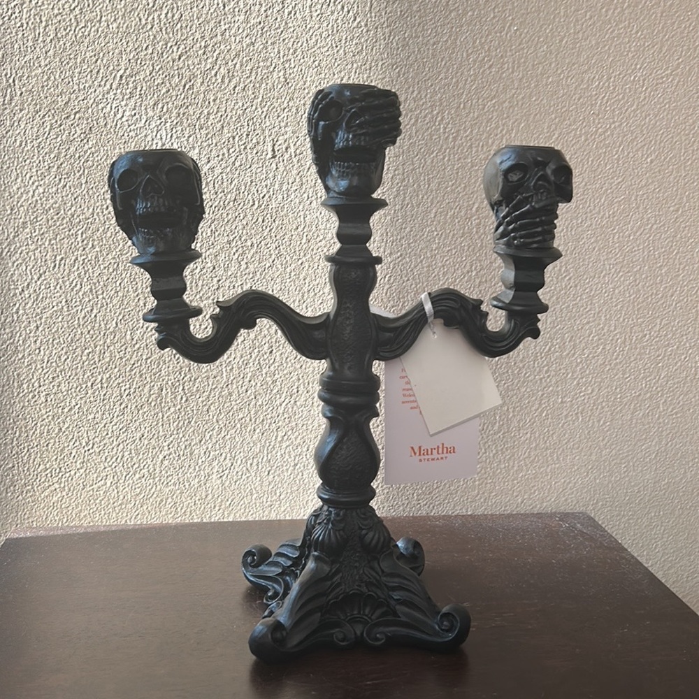 Martha Stewart Halloween 3 Arm Skull Gothic Candelabra black See No Hear No Evil - Picture 2 of 3